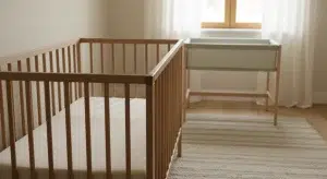 Bassinet to Crib when and How to Make the Move | Betteroo Bassinet beside a parent bed and a crib in the same softly lit room