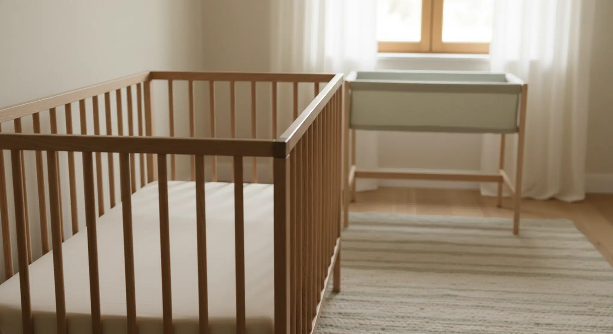 Bassinet beside a parent bed and a crib in the same softly lit room