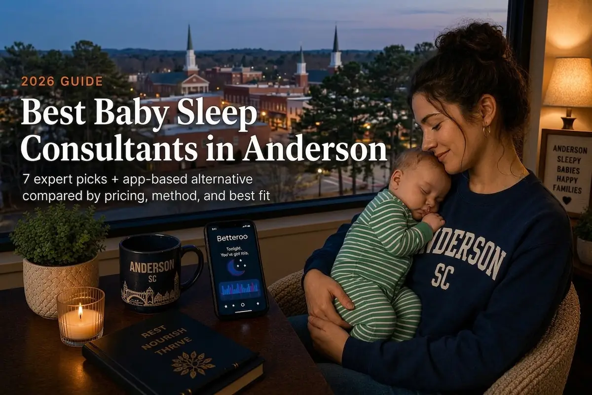 Anderson South Carolina steeples at dusk behind a mother holding her sleeping baby, baby sleep consultants in Anderson