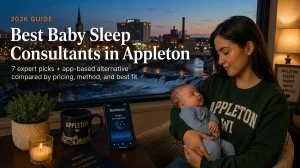 Best Baby Sleep Consultants in Appleton Wi 2026 | Betteroo Mother holding a sleeping baby by a window, guide to the best baby sleep consultants in Appleton with the Appleton skyline at dusk