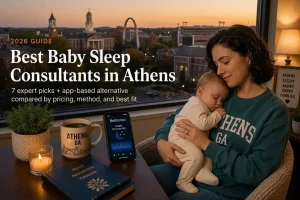 Best baby sleep consultants in Athens guide, a mother holding her sleeping baby above the dusk Athens skyline