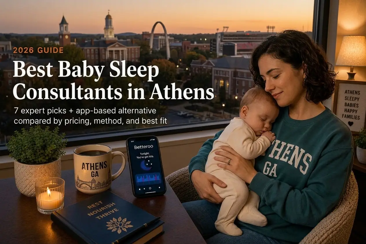Best baby sleep consultants in Athens guide, a mother holding her sleeping baby above the dusk Athens skyline