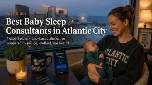 Best Baby Sleep Consultants in Atlantic City Nj 2026 | Betteroo Mother holding a sleeping baby by a window, guide to the best baby sleep consultants in Atlantic City with the Atlantic City skyline at dusk