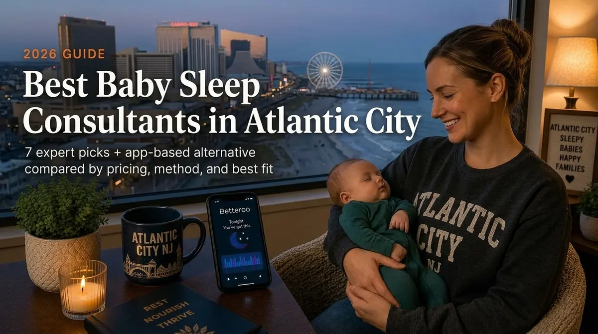 Mother holding a sleeping baby by a window, guide to the best baby sleep consultants in Atlantic City with the Atlantic City skyline at dusk