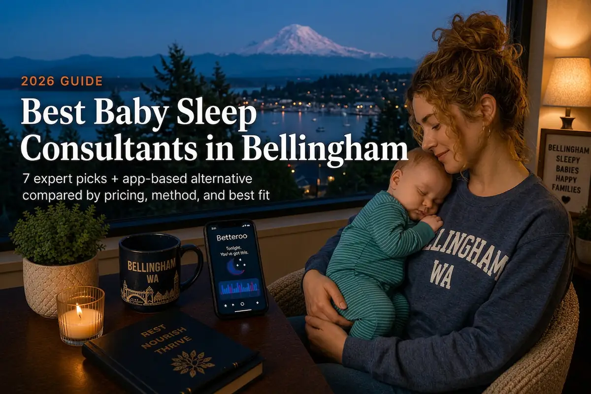 Top 7 Best Baby Sleep Consultants in Bellingham Wa 2026 | Betteroo Mother holding a sleeping baby by a window over the Bellingham Bay, baby sleep consultants in Bellingham