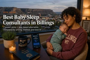 Billings Montana Rimrocks cliffs at dusk behind a mother holding her sleeping baby, baby sleep consultants in Billings