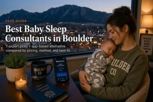 A mother holds her sleeping baby by a window overlooking the Flatirons above Boulder at dusk, illustrating baby sleep consultants in Boulder, Colorado.