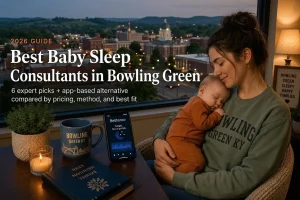 Bowling Green Kentucky courthouse behind a mother holding her sleeping baby, baby sleep consultants in Bowling Green