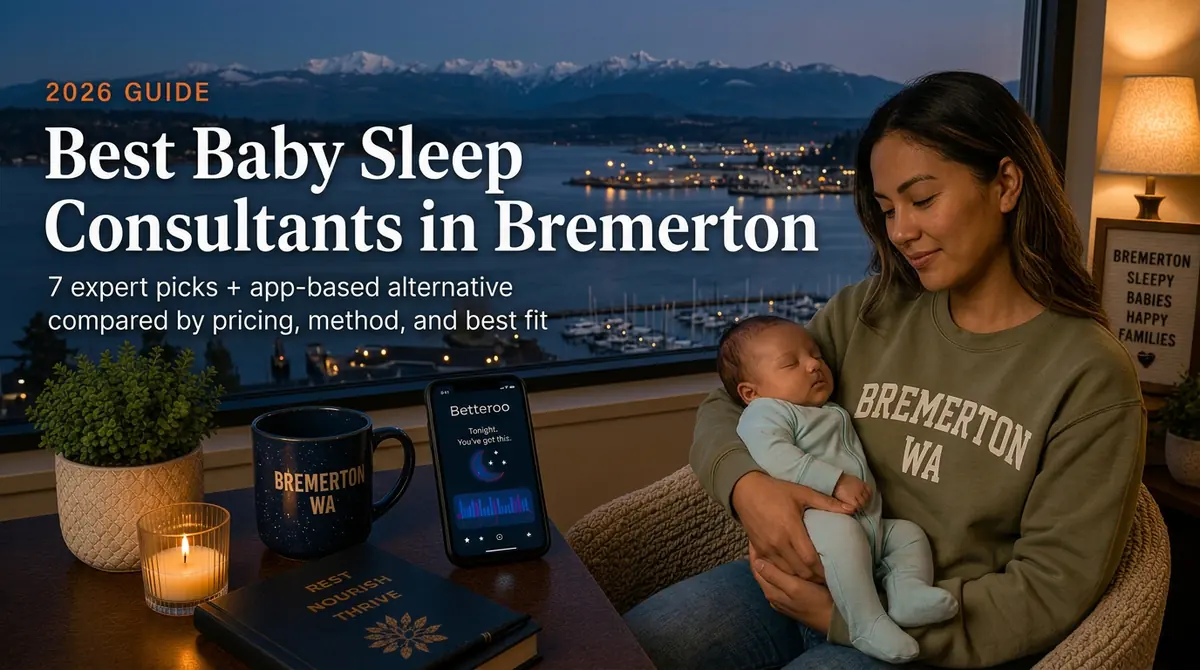 Mother holding a sleeping baby by a window, guide to the best baby sleep consultants in Bremerton with the Bremerton skyline at dusk