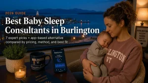 Best Baby Sleep Consultants in Burlington Vt 2026 | Betteroo Mother holding a sleeping baby by a window, guide to the best baby sleep consultants in Burlington with the Burlington skyline at dusk