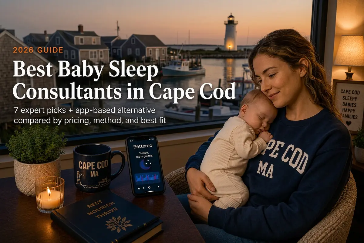 Top 7 Best Baby Sleep Consultants in Cape Cod Ma 2026 | Betteroo Mother holding a sleeping baby by a window over the lit harbor, baby sleep consultants in Cape Cod