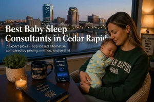 Mother holding a sleeping baby at dusk, best baby sleep consultants in Cedar Rapids, Iowa, river skyline behind.