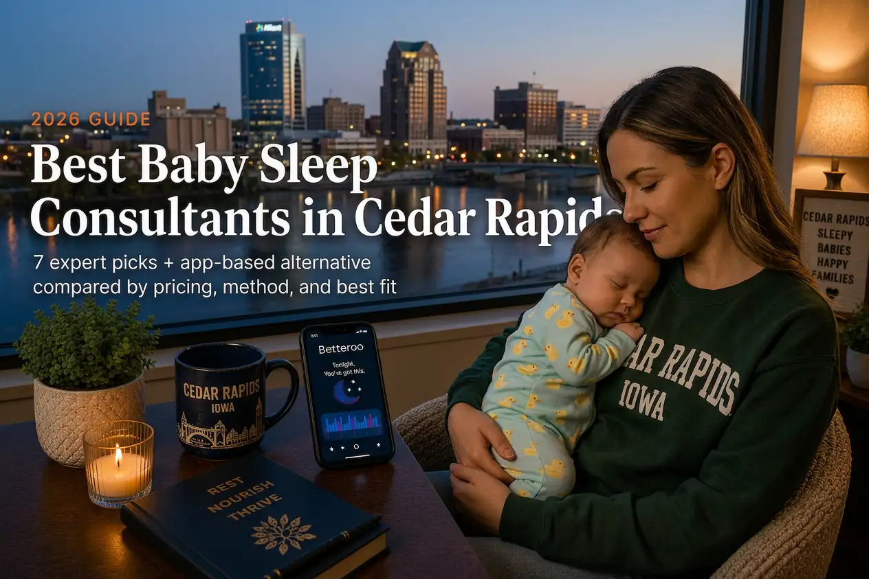 Top 6 Best Baby Sleep Consultants in Cedar Rapids Ia 2026 | Betteroo Mother holding a sleeping baby at dusk, best baby sleep consultants in Cedar Rapids, Iowa, river skyline behind.