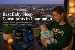 Mother holding a sleeping baby by a window over the downtown Champaign skyline, baby sleep consultants in Champaign
