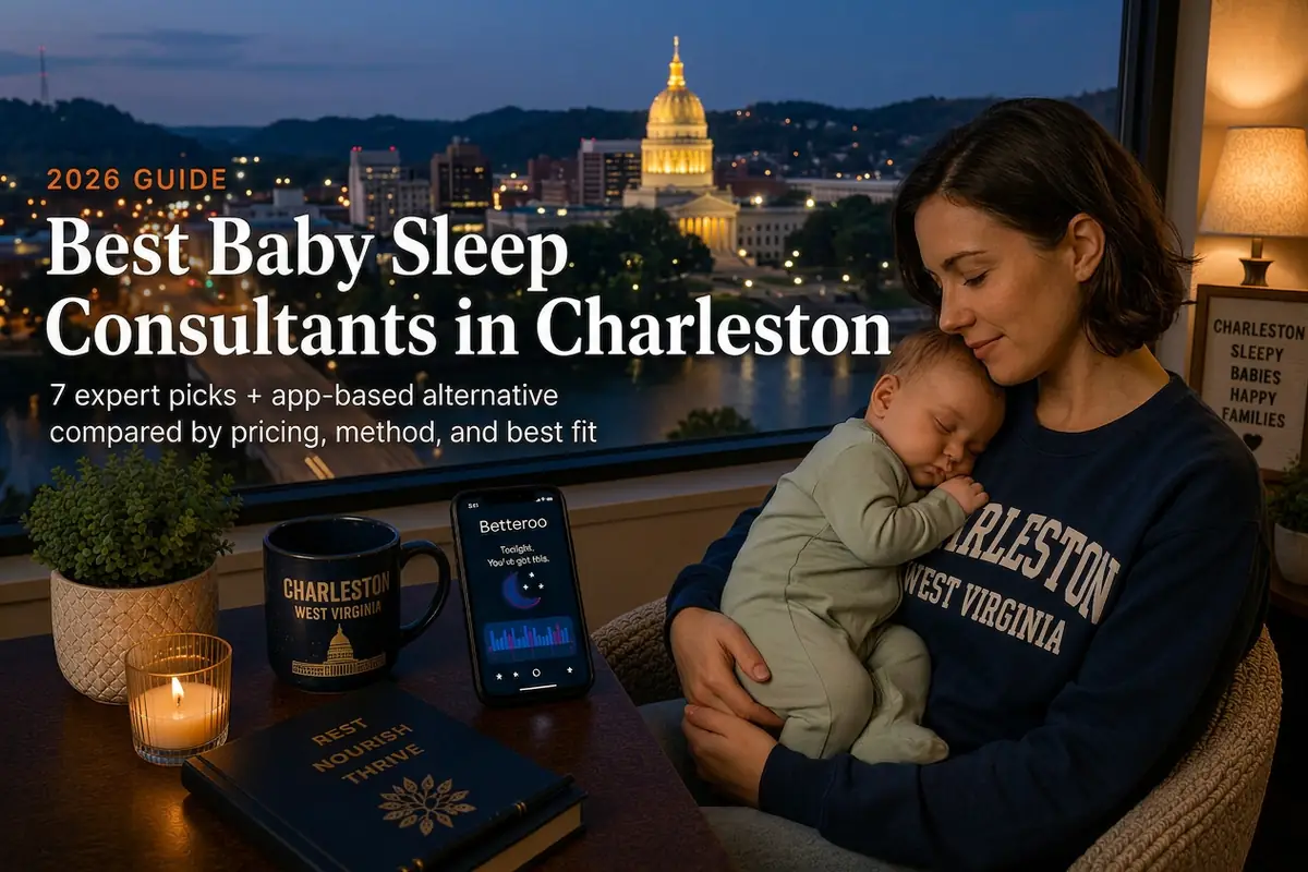 Mother holding sleeping baby at dusk researching baby sleep consultants in Charleston with the gold West Virginia capitol dome