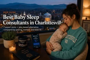 Mother holding a sleeping baby by a window over the Blue Ridge Mountains, baby sleep consultants in Charlottesville