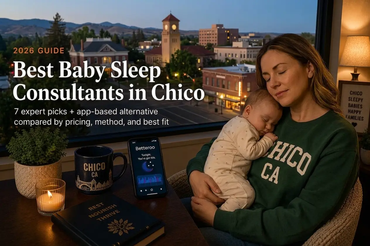 Best baby sleep consultants in Chico guide, a mother holding her sleeping baby above dusk downtown and foothills