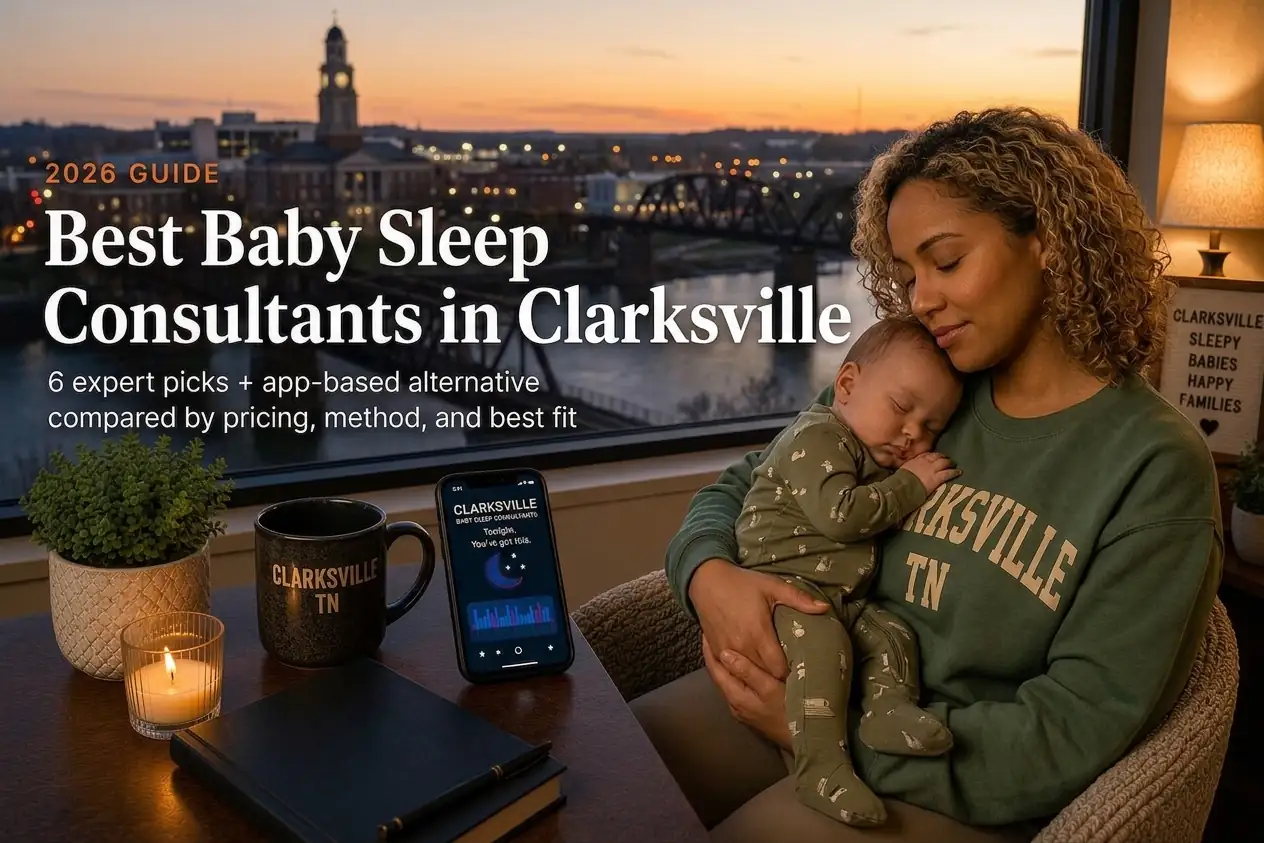 A mother holds her sleeping baby by a window overlooking the Clarksville Tennessee skyline at dusk, illustrating baby sleep consultants in Clarksville, Tennessee.