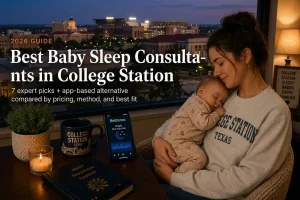 A tired mother holding a sleeping baby by a window at dusk in College Station, illustrating a 2026 guide to the best baby sleep consultants in College Station