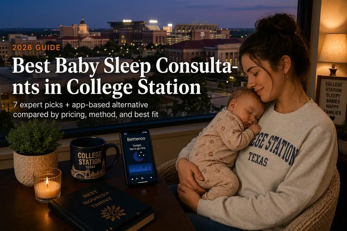 A tired mother holding a sleeping baby by a window at dusk in College Station, illustrating a 2026 guide to the best baby sleep consultants in College Station