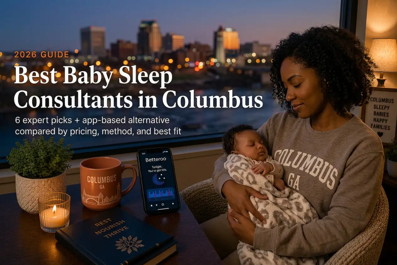A mother holds her sleeping baby by a window overlooking the Columbus Georgia riverfront at dusk, illustrating baby sleep consultants in Columbus, Georgia.