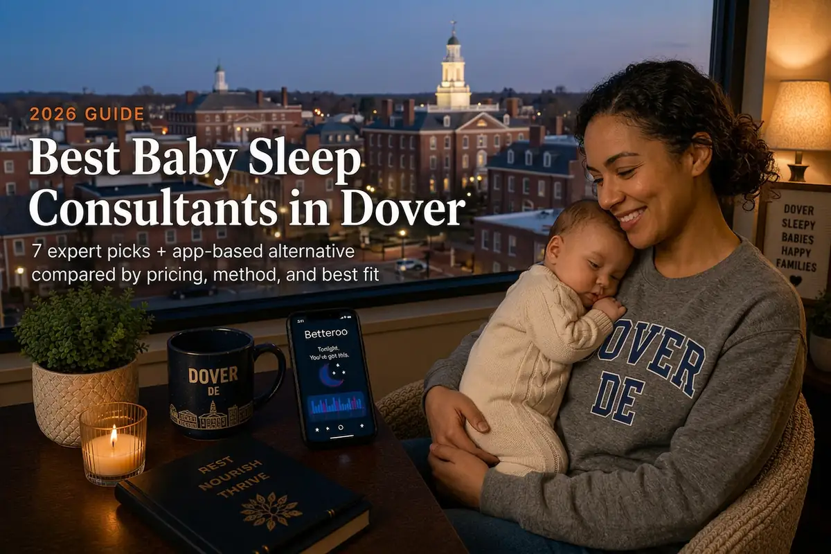 Dover Delaware state house cupola behind a mother holding her sleeping baby, baby sleep consultants in Dover