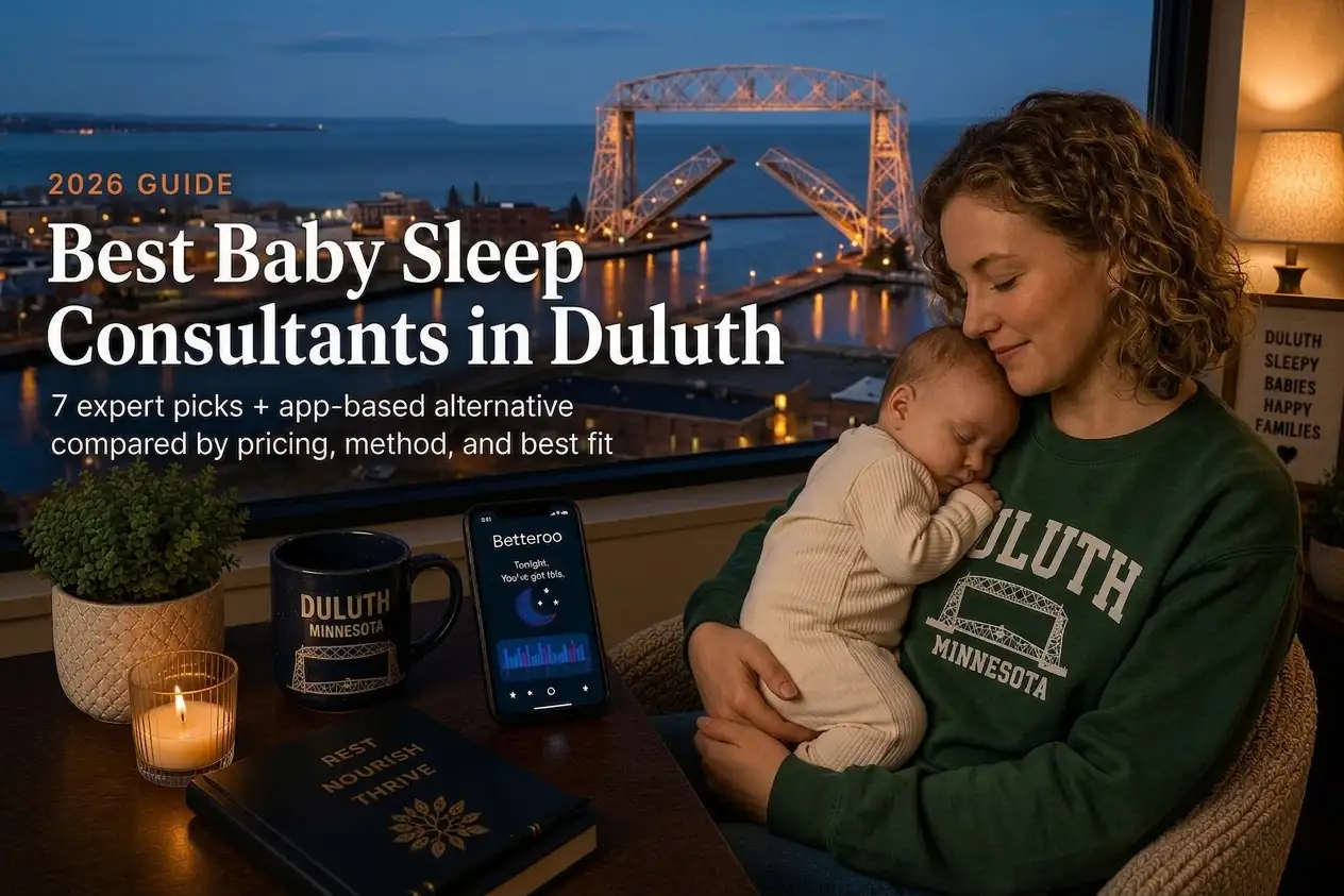 Top 6 Best Baby Sleep Consultants in Duluth Mn 2026 | Betteroo Mother holding a sleeping baby at dusk, best baby sleep consultants in Duluth, Minnesota, lift bridge behind.
