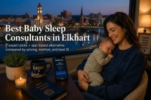 Best baby sleep consultants in Elkhart guide, a mother holding her sleeping baby above the lit river downtown
