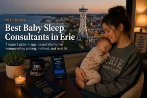Mother holding a sleeping baby at dusk, best baby sleep consultants in Erie, Pennsylvania, bayfront skyline behind.