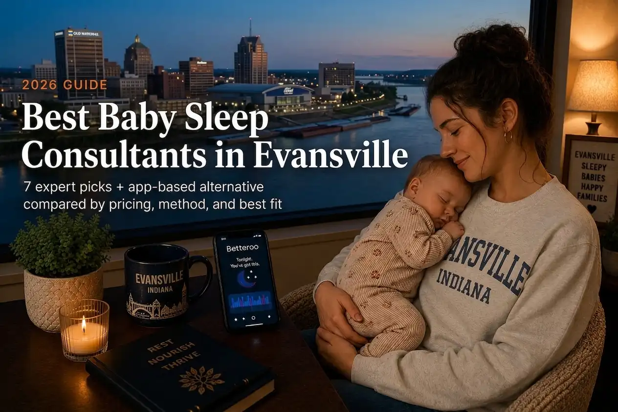 Top 7 Best Baby Sleep Consultants in Evansville in 2026 | Betteroo Mother holding a sleeping baby at dusk, best baby sleep consultants in Evansville, Indiana, river skyline behind.