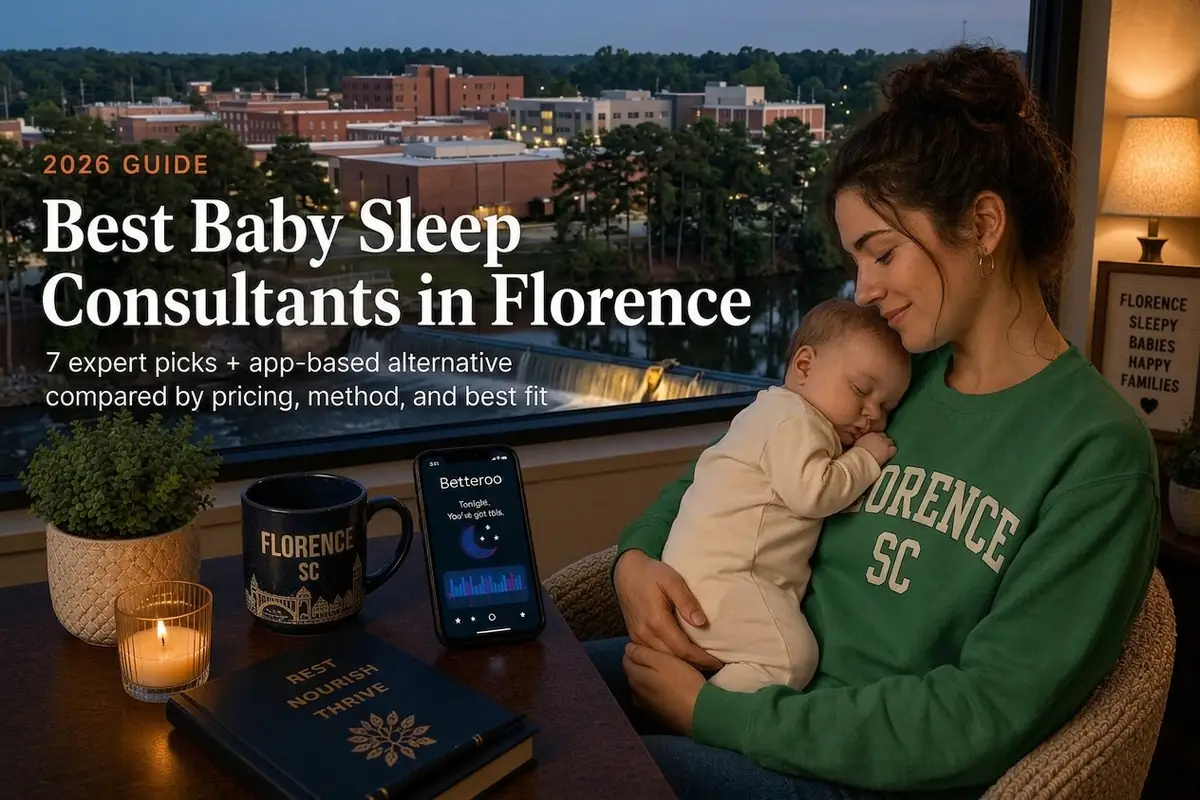 Florence South Carolina downtown at dusk behind a mother holding her sleeping baby, baby sleep consultants in Florence