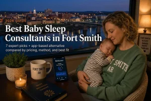 Best Baby Sleep Consultants in Fort Smith Ar 2026 | Betteroo Mother holding a sleeping baby by a window, guide to the best baby sleep consultants in Fort Smith with the Fort Smith skyline at dusk
