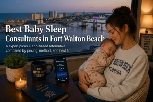 Mother holding sleeping baby at dusk researching baby sleep consultants in Fort Walton Beach near the Emerald Coast harbor