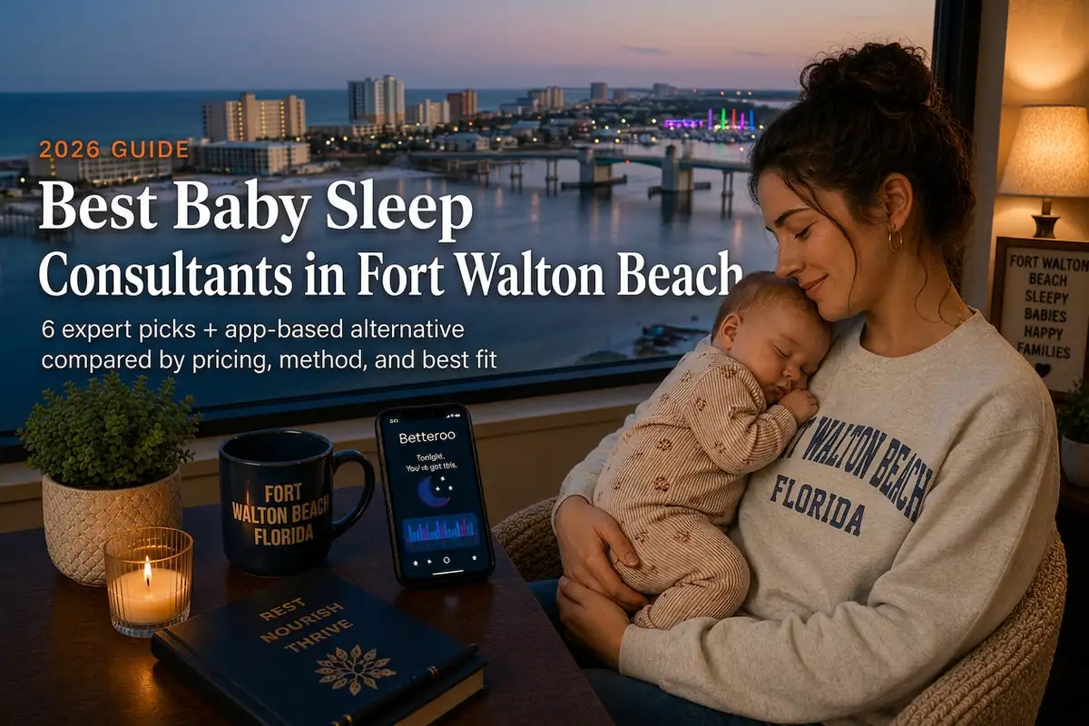 Mother holding sleeping baby at dusk researching baby sleep consultants in Fort Walton Beach near the Emerald Coast harbor