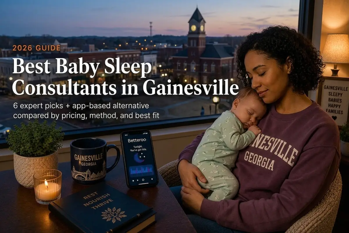 Mother holding sleeping baby at dusk researching baby sleep consultants in Gainesville near the downtown Georgia square