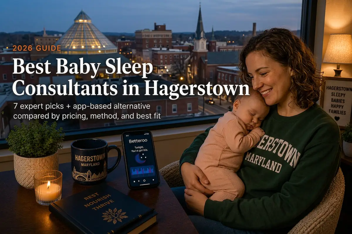 A tired mother holding a sleeping baby by a window at dusk in Hagerstown, illustrating a 2026 guide to the best baby sleep consultants in Hagerstown