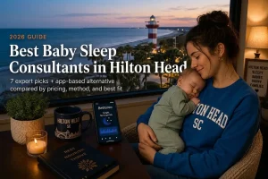 Mother holding a sleeping baby by a window over the island shoreline, baby sleep consultants in Hilton Head Island