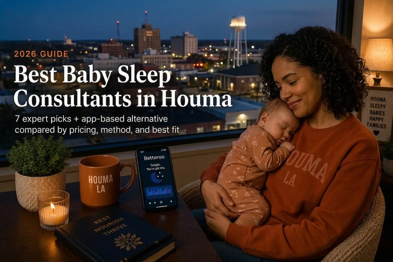Best baby sleep consultants in Houma guide, a mother holding her sleeping baby above the lit bayou-town skyline