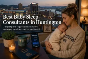 A mother holds her sleeping baby by a window overlooking the Huntington West Virginia skyline at dusk, illustrating baby sleep consultants in Huntington, West Virginia.