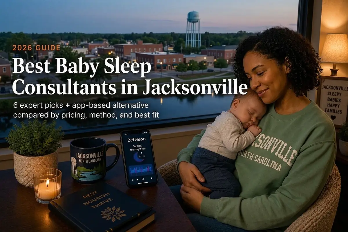 Mother holding sleeping baby at dusk researching baby sleep consultants in Jacksonville near the New River and Camp Lejeune