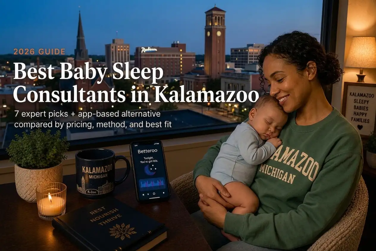Top 7 Best Baby Sleep Consultants in Kalamazoo Mi 2026 | Betteroo Mother holding a sleeping baby at dusk, best baby sleep consultants in Kalamazoo, Michigan, downtown skyline behind.