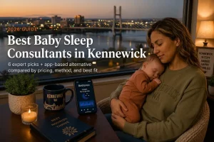 A mother holds her sleeping baby by a window overlooking the Columbia River and Tri-Cities skyline at dusk, illustrating baby sleep consultants in Kennewick, Washington.