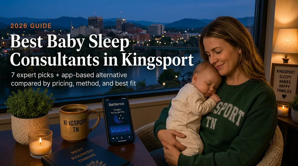 Mother holding a sleeping baby by a window, guide to the best baby sleep consultants in Kingsport with the Kingsport skyline at dusk