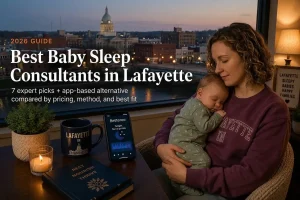 Lafayette Indiana courthouse dome at dusk behind a mother holding her sleeping baby, baby sleep consultants in Lafayette