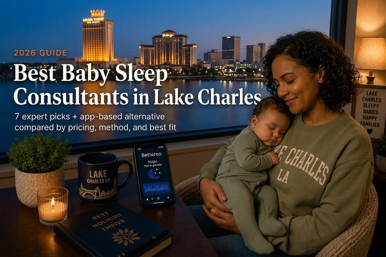 Best baby sleep consultants in Lake Charles guide, a mother cradling her sleeping baby above the lit lakefront
