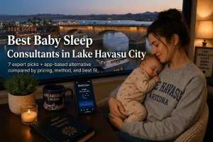 Mother holding sleeping baby at dusk researching baby sleep consultants in Lake Havasu City near the London Bridge