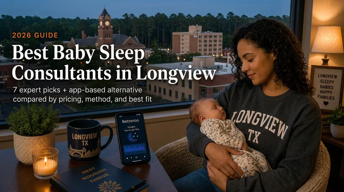 Mother holding a sleeping baby by a window, guide to the best baby sleep consultants in Longview with the Longview skyline at dusk