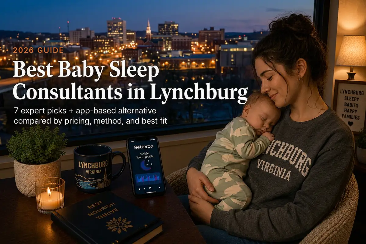 A tired mother holding a sleeping baby by a window at dusk in Lynchburg, illustrating a 2026 guide to the best baby sleep consultants in Lynchburg