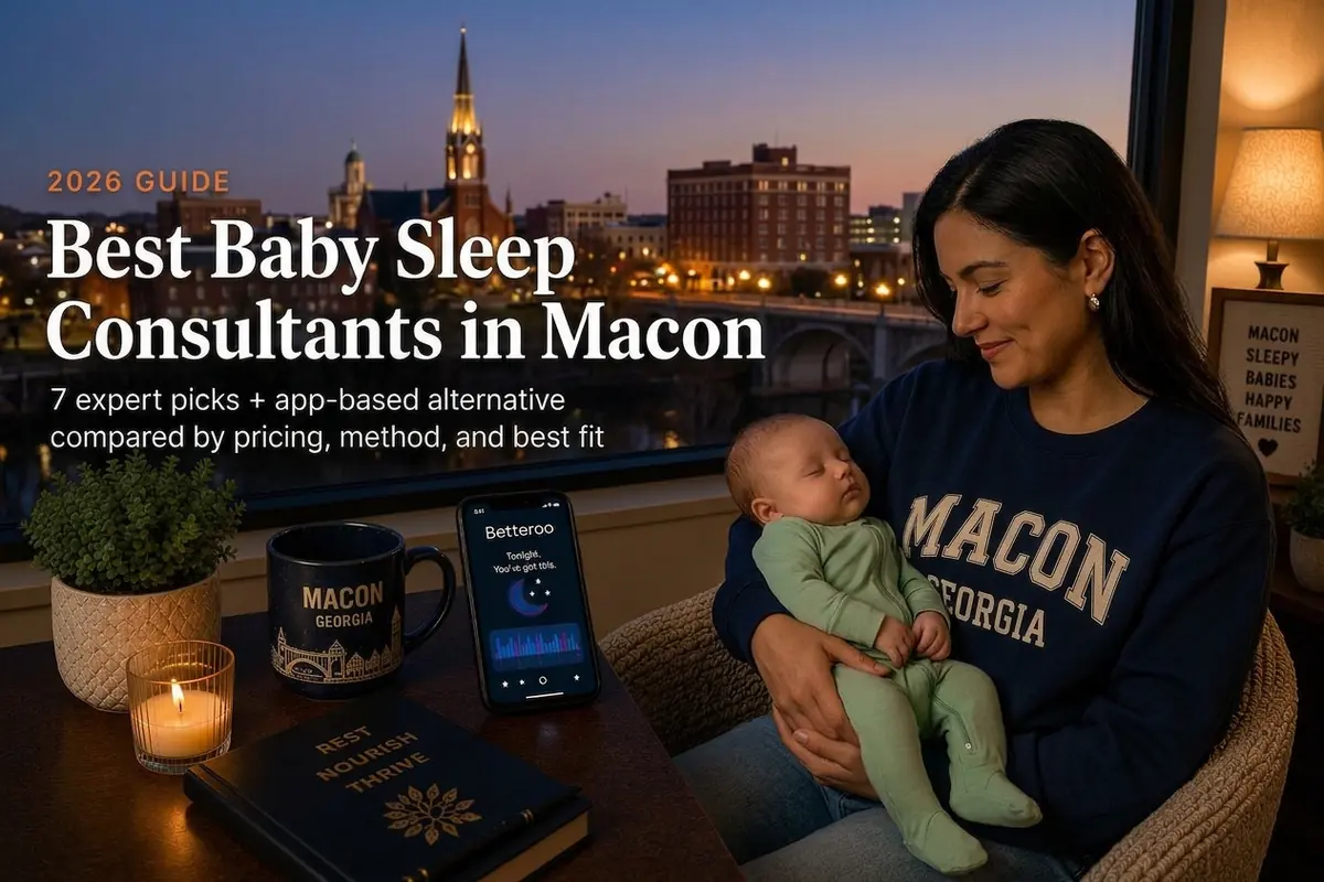 A tired mother holding a sleeping baby by a window at dusk in Macon, illustrating a 2026 guide to the best baby sleep consultants in Macon