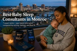 Best baby sleep consultants in Monroe guide, a mother cradling her sleeping baby above the dusk Ouachita River